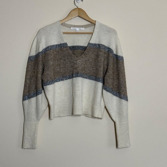 Veronica Beard Miley Metallic V Neck Sweater Ivory Multi Womens Size Medium Wool - Picture 4 of 9